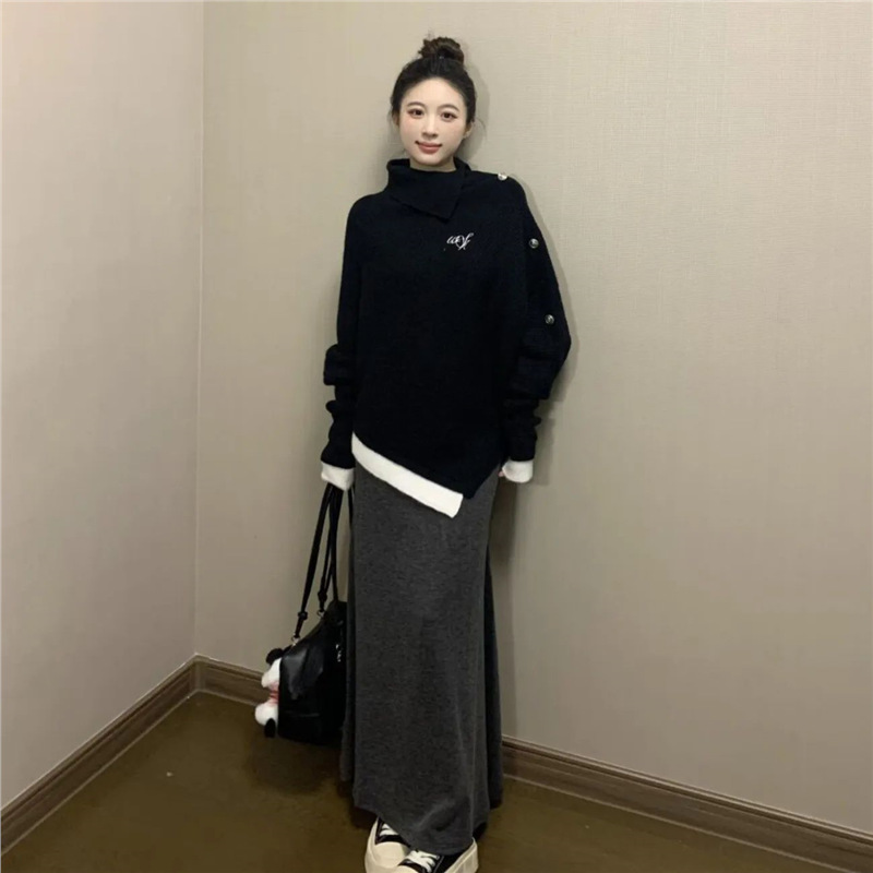 Autumn and Winter Two-Piece Korean High-End Asymmetrical Cape Turtleneck Knitwear for Women + Dark Gray Slimming Look Skirt