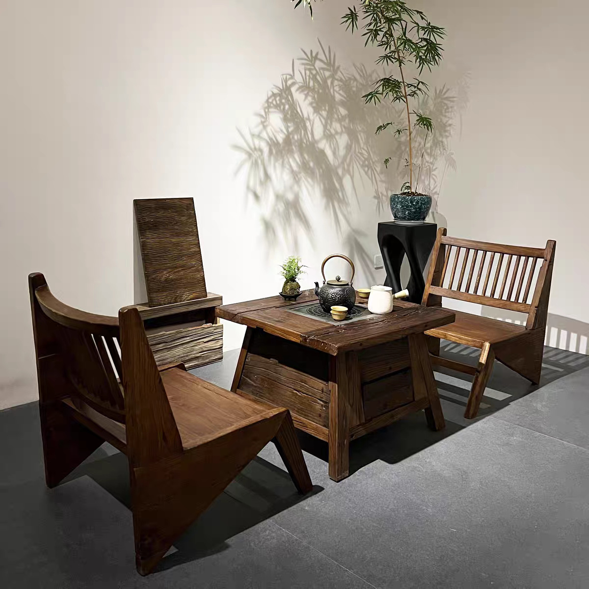 Wabi-Sabi Style Old Elm Wood Tea Brewing Table and Chairs Villa Courtyard Electric Stove Barbecue Table Charcoal Grill Integrated Tea Brewing Table