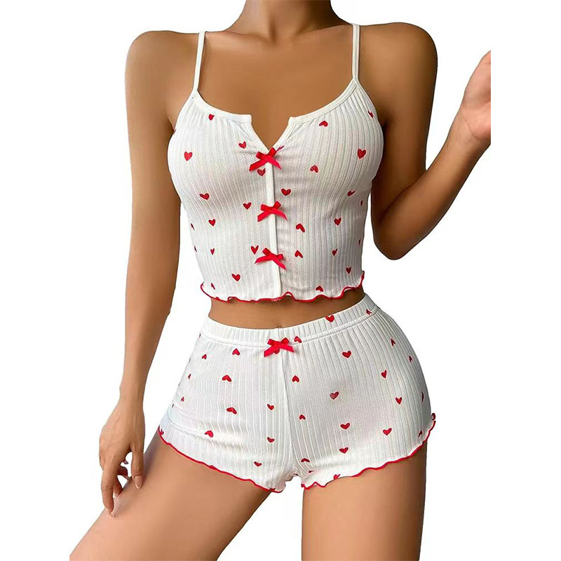 2024 Amazon AliExpress New Product Heart-shaped Printed Contrast Home Clothes Front Split Sling Pajamas suit