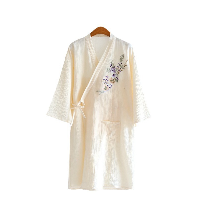 Japanese style women's pajamas cotton gauze nightgown summer thin nightdress Chinese style hanfu embroidered bathrobe sweat steaming clothes