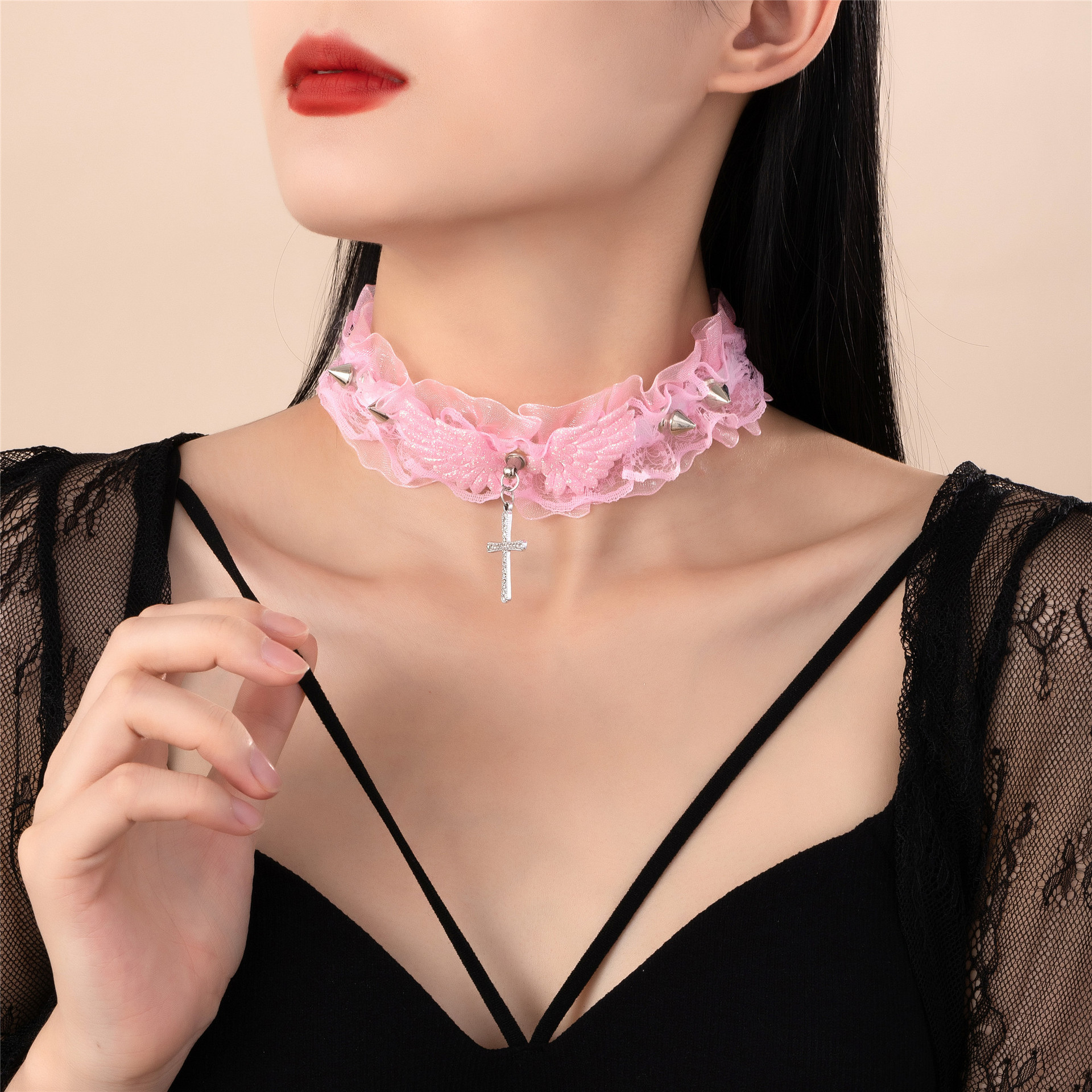 Harajuku Style choker Necklace Women's Lace Angel Wings Cross Rivet Collar Necklace Clavicle Chain