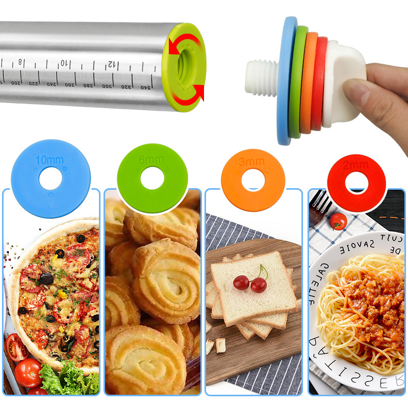 Amazon 17inch Stainless Steel Rolling Pin Kneading Mat Set with Adjustable Thickness Scale Rolling Pin Kneading Tool