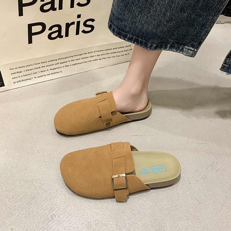 Slippers for Women 2024 Autumn and Winter New Retro Baotou Half Slippers Women's Slip-On Slip-Ons Belt Buckle Birkenstock Shoes