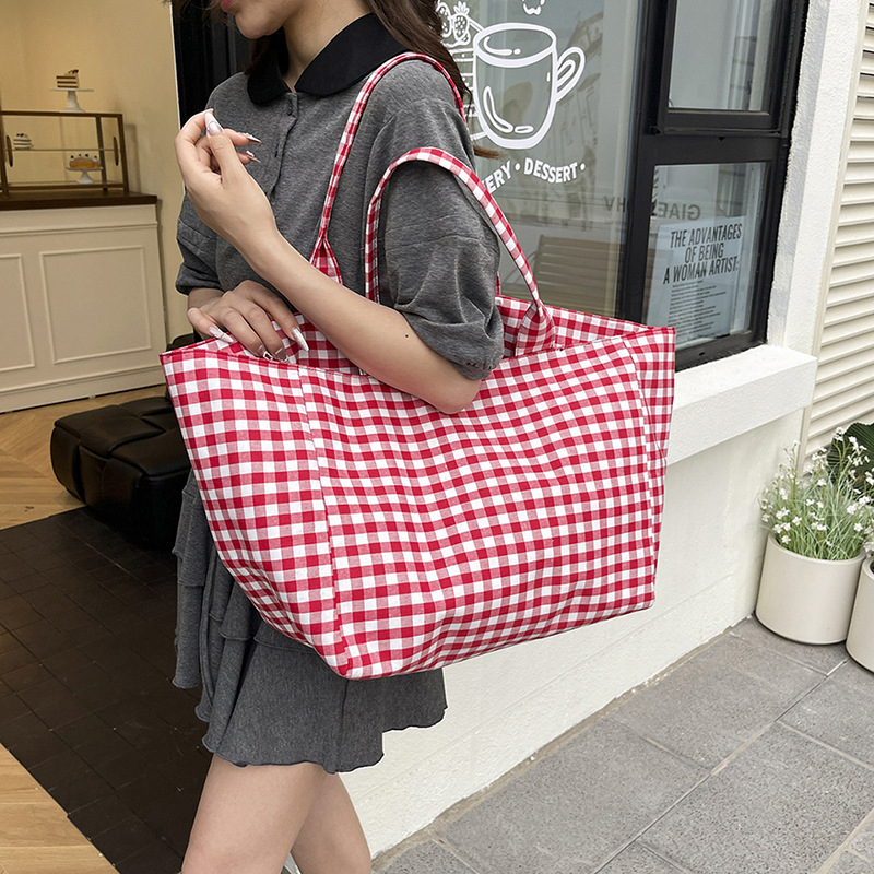 Japanese-Style Plaid Canvas Bag for Women, High-End Lazy Handbag, Shoulder Bag, Commuter Large-Capacity Tote Shopping Bag