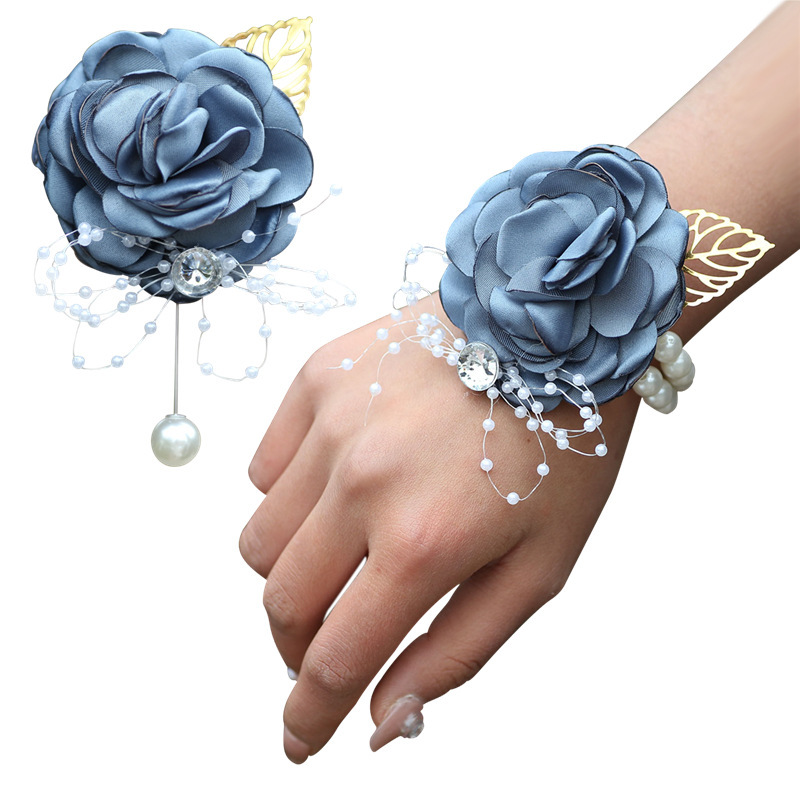 769 Wedding Corsage Wholesale Wrist Flower Pearl Rhinestone Corsage Bride Groom Pin Satin Rose Gold Leaf