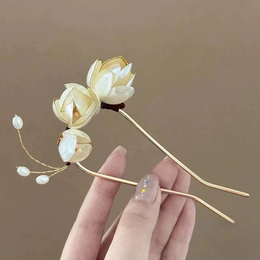 Magnolia Flower U-Shaped Hairpin Wrapped Flower Hairpin Flower Headdress New Chinoiserie Cheongsam Hair Fork Hairpin Ball Head Hair Artifact
