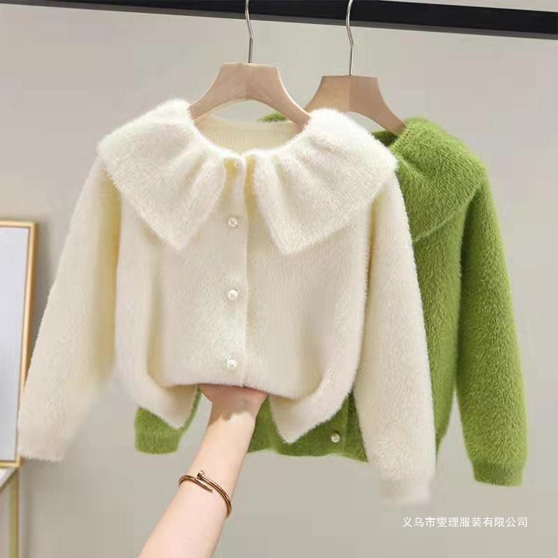Spring Girls' Imitation Mink Velvet Knitwear Jacket Korean Style 2025 New Spring & Fall Kidsren's Cardigan Foreign Style Thin Knitwear