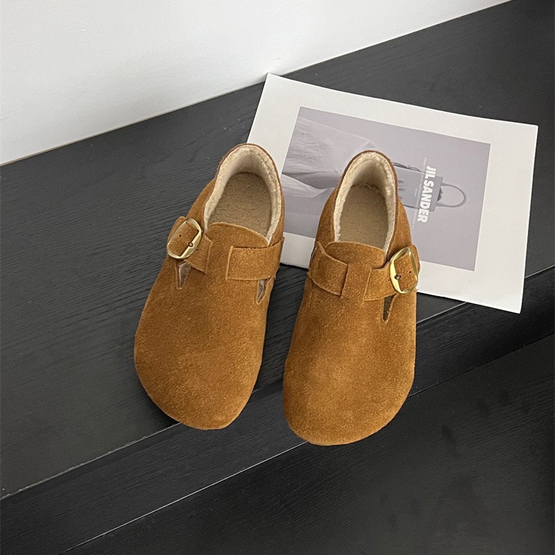 Frosted Cowhide 2025 Winter New Korean Style Fashionable Versatile Fleece-Lined Birkenstock Shoes Soft Sole Soft Bun Toe Shoes