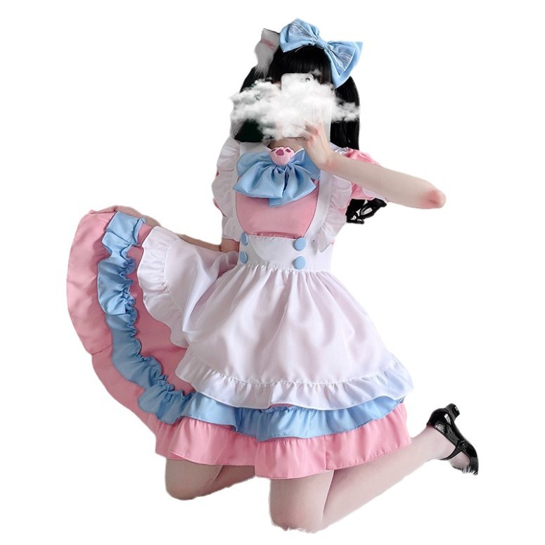 S-4XL plus size maid super cute big bow Lolita dress women's big pink blue cute skirt