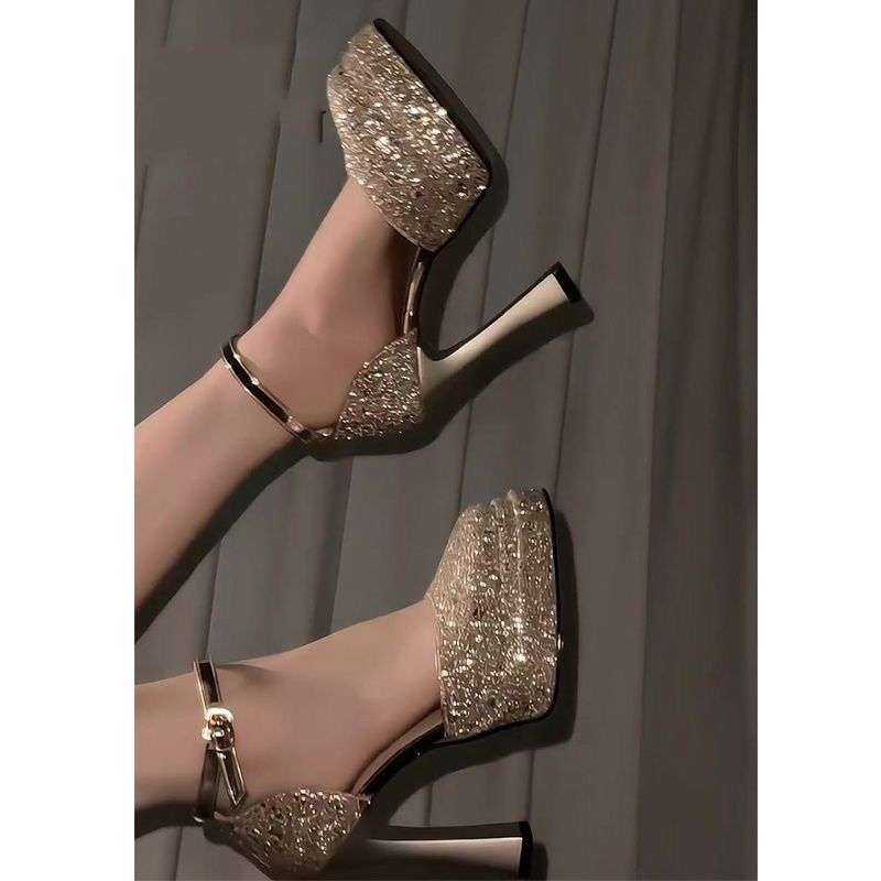 Beautiful Crystal Buckle Waterproof Platform High Heels for Women 2025 Summer Thick Heels That Are Not Tiring for Feet Silver Mary Jane Wedding Shoes