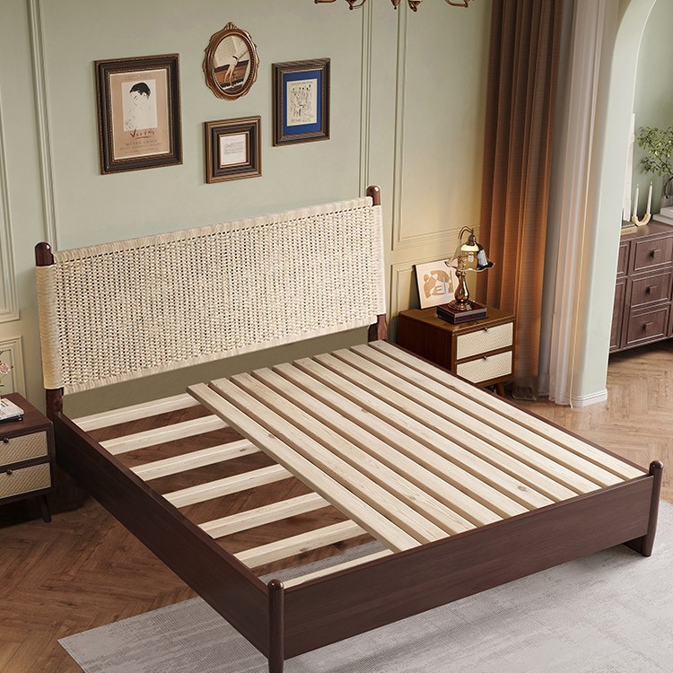 Scandinavian Mid-Century Style Bed Solid Wood Double Bed Simple New Chinoiserie Bedroom 1.8m Large Bed B&B Bed Rattan Bed 1.5m