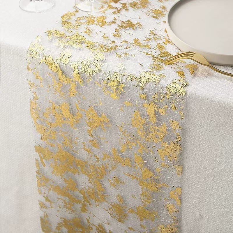 Amazon Cross-border Hot Stamping Foil Mesh Table Runner Holiday Party Wedding Decoration Material Light Luxury Golden Table Runner