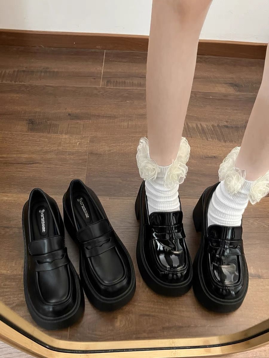 Retro British Style Black Thick Heel Heightening Thick-Soled Small Leather Shoes for Women Summer 2024 New High-Heeled French Loafers