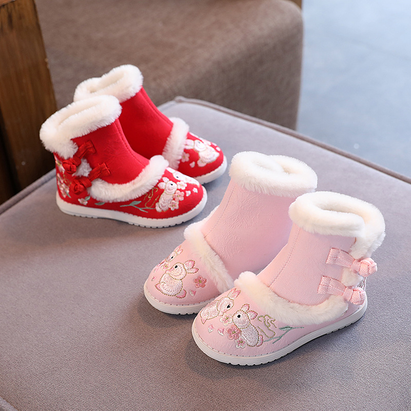 Girls' fleece-lined Snow Boots Thickened Hanfu Shoes Winter New Children's Embroidered Shoes New Year's Happy Antique Horse-faced Skirt Children's Shoes