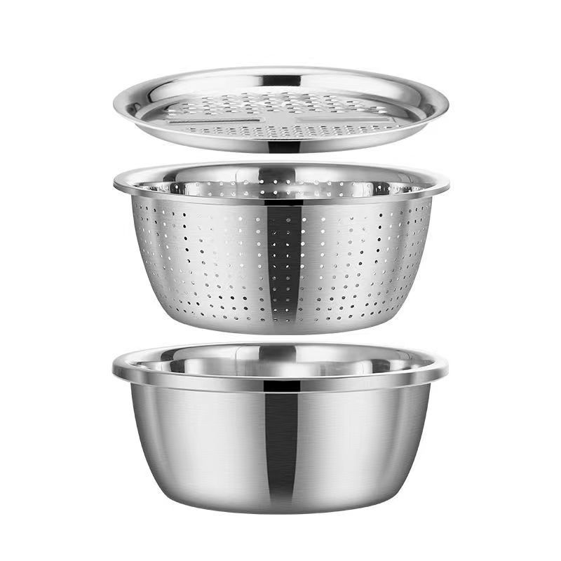 Multifunctional Thickened Stainless Steel Basin Draining Basket Throwing Silk and Cutting Vegetable Artifact Washing Vegetable Rice Drain Basin Basin Three-piece Set Basin