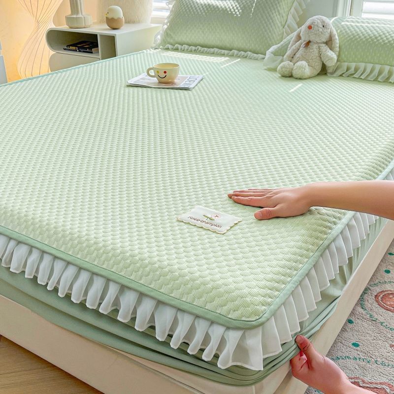 Lace Cool Bean Mat Rattan Mat Three-Piece Set Fitted Sheet Style Summer Thickened Ice Silk Mat Bed Cover Single Piece Non-Slip