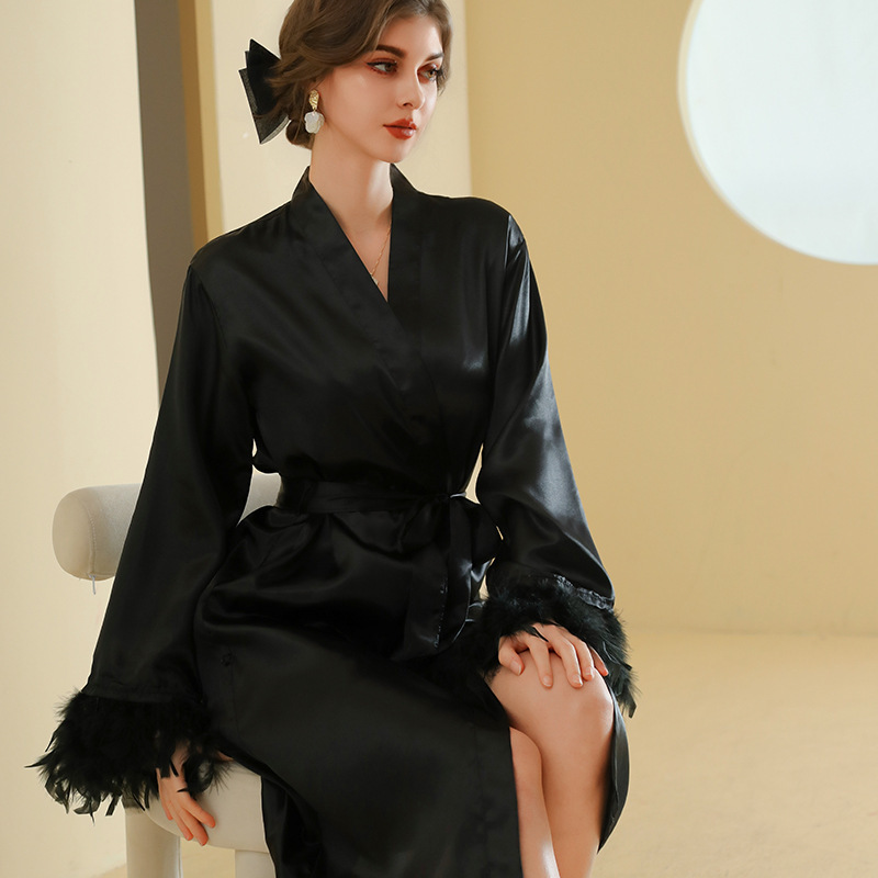 Утреннее платье для невесты, длинная ночная рубашка с перьями, свадебный кимоно, сатиновый халат