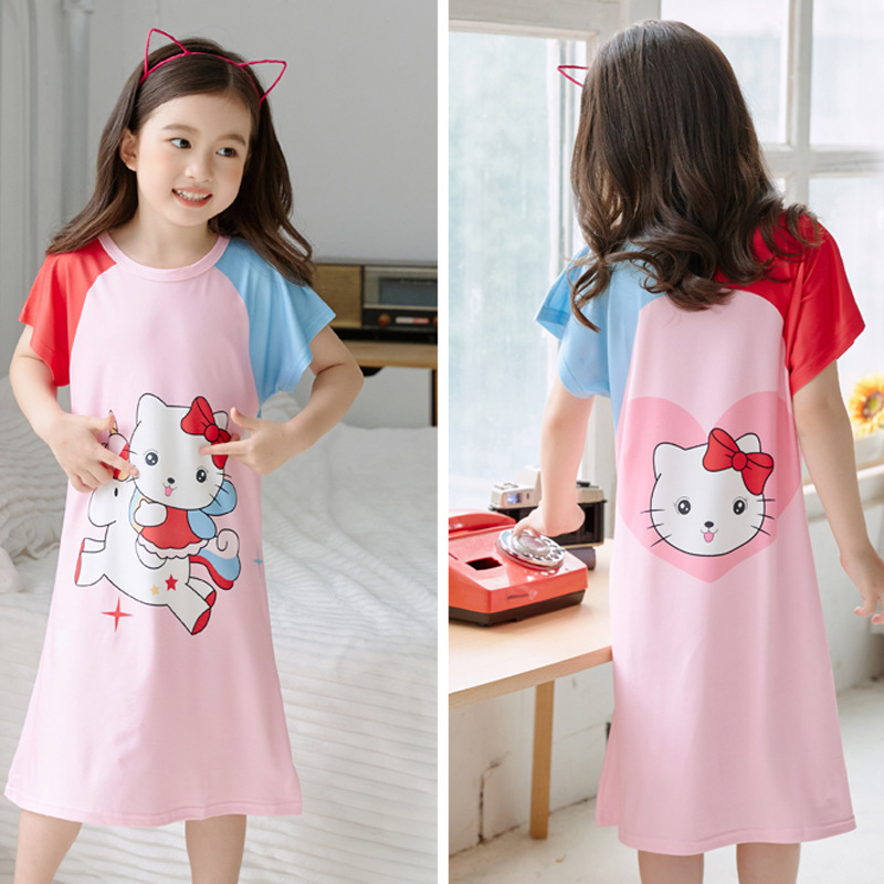 Children's nightdress girls' pajamas summer short-sleeved baby thin Korean style little girl cartoon middle and big children's home wear summer