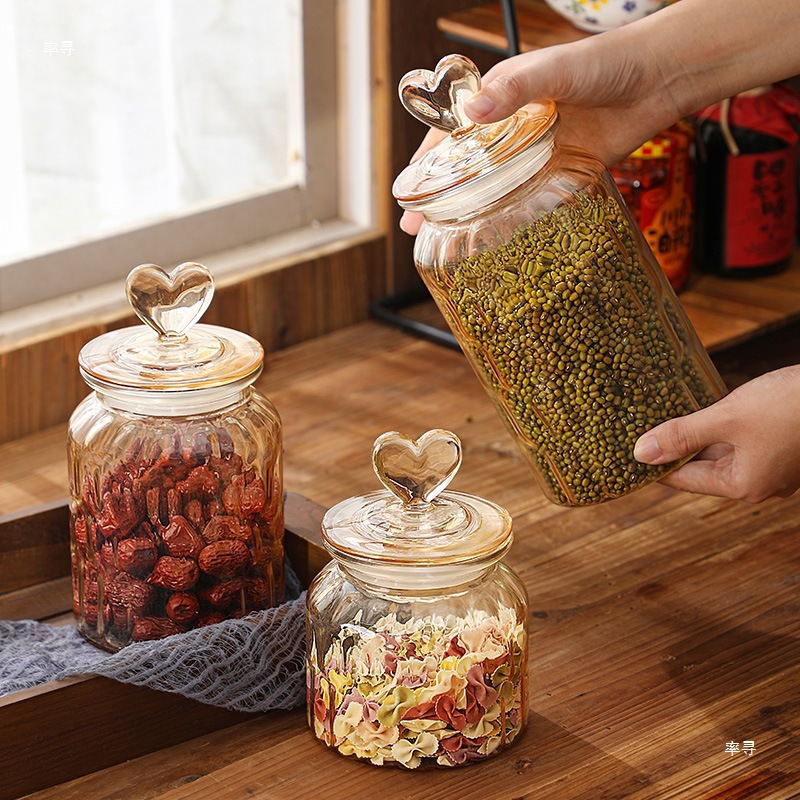 Glass Sealed Jar Creative Heart Storage Jar Transparent Amber High-Value Snack Candy Tea Storage with Lid