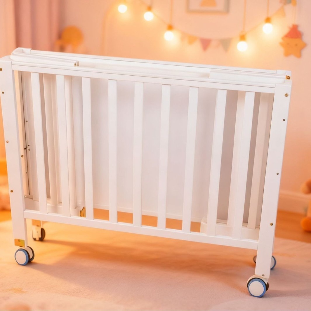 [Customized] Size Can Be Customized, White Solid Wood, No Installation Required, Easy to Store, Foldable Baby Crib, Baby Rocking Bed