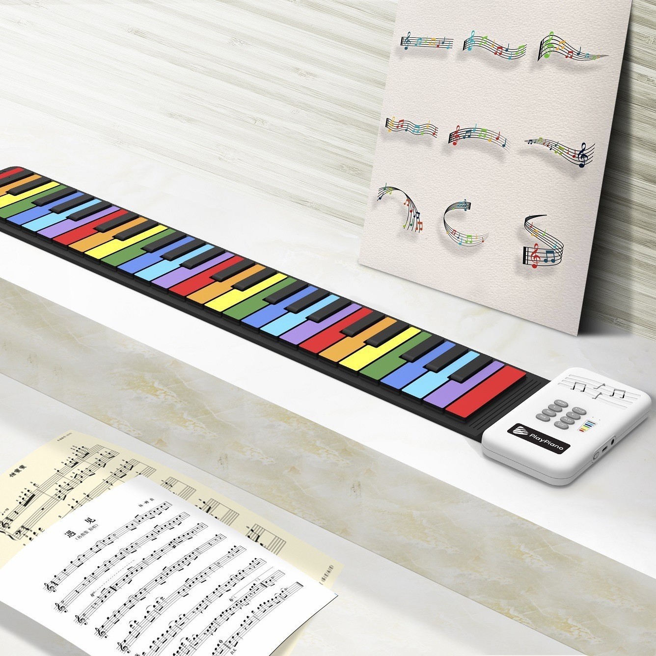 49 key hand roll piano children's entry thickened silicone color rainbow version accordion folding electronic organ wholesale