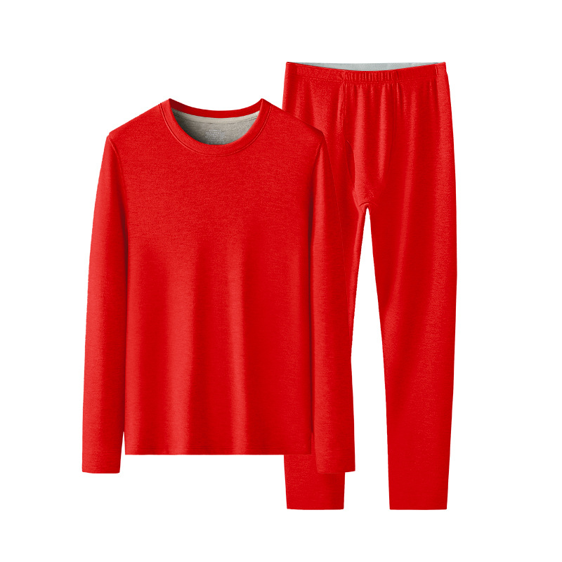 New Autumn and Winter Silk Wool Couple's Wedding fleece-lined Thickened Red Base Thermal Underwear suit