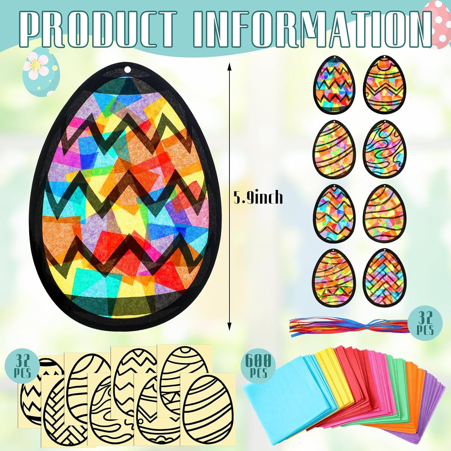 32Pcs Easter Egg Handmade Kit Easter Tissue Sun Catcher Bulk Stained Glass Effect