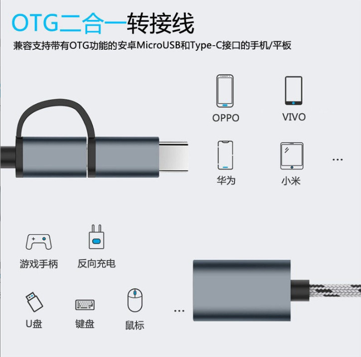 Otg Adapter Cable Typec to USB Converter USB Flash Drive Mobile Phone Charging Transmission Data Cable Two-In-One Adapter