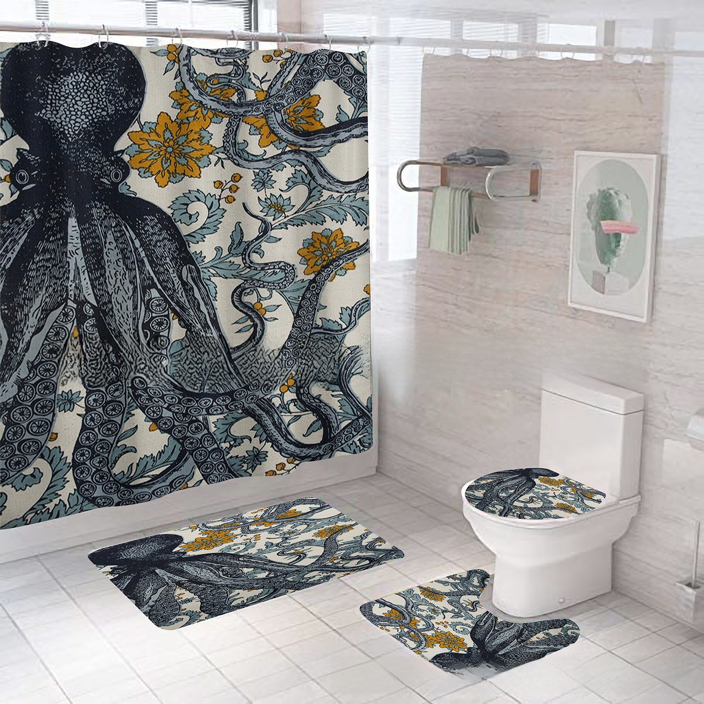 Factory Direct Sales Cross-Border Hot Selling Octopus Series Waterproof and Mildew-Proof Polyester Digital Printing Shower Curtain Four-Piece Set Bathroom Curtain