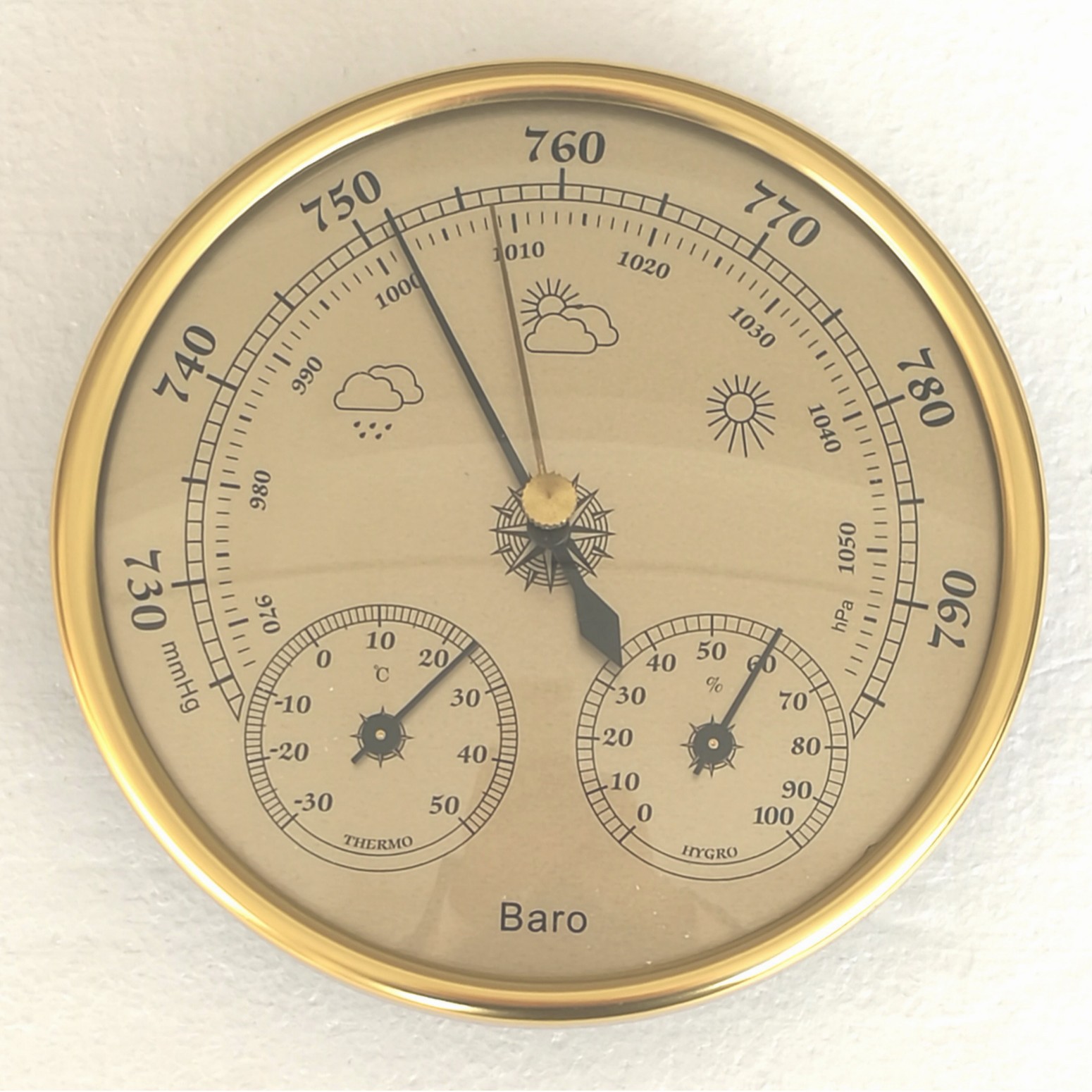 Thb9392G-12.8См Золотое Кольцо и Золотая Поверхность Трехв одном Метеостанция (Термометр, Гигрометр, Барометр)