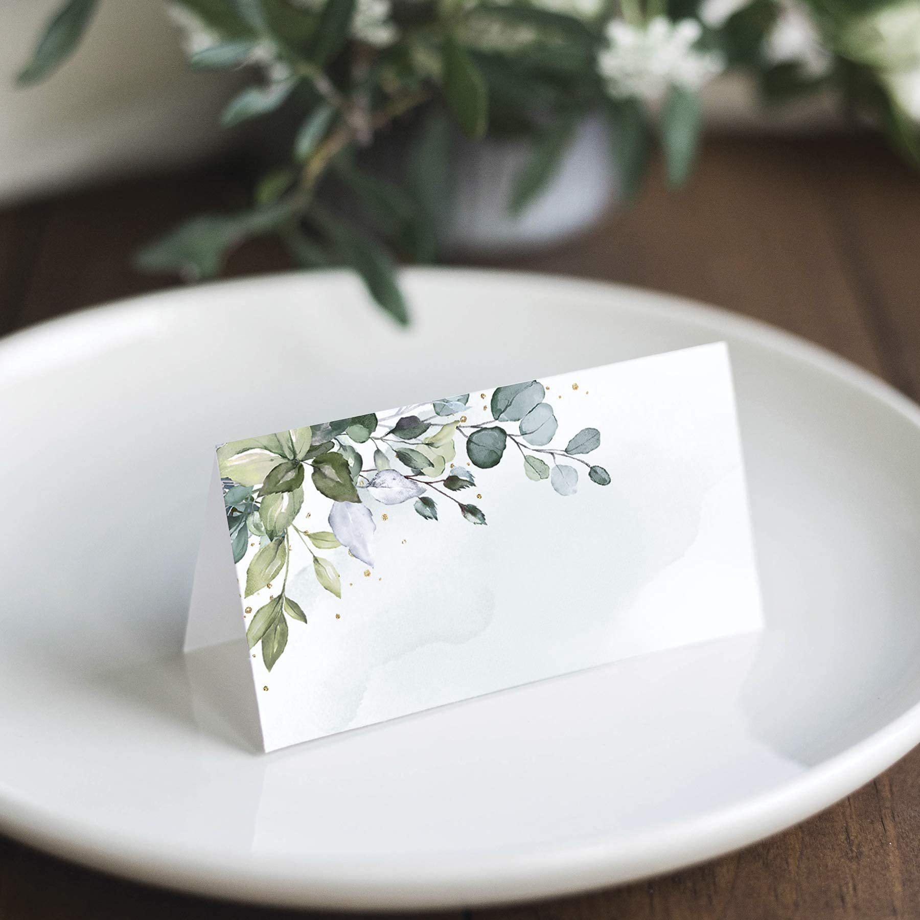 Cross-border wholesale green leaf watercolor wedding dinner activity seat folding card activity decoration card writable