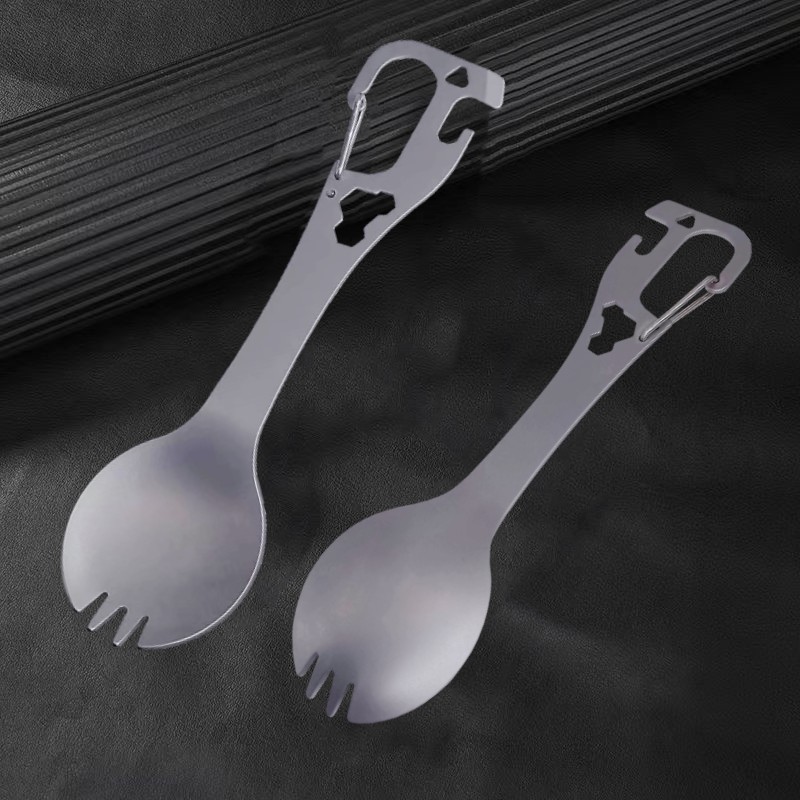 Stainless Steel Multifunctional Outdoor Tableware Fork Spoon Integrated Portable Camping Tableware Bottle Opener Can Opener with Buckle