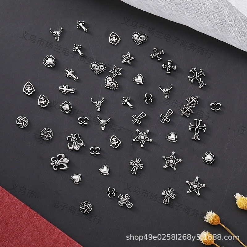 New Nail Art Jewelry Croix Heart Cross Baroque Hexagonal Star Retro Dark Style Nail Metal Diamond Accessories