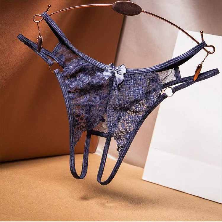 Sexy Panties with Open Crotch, No Need to Take Off, Tearable Lace See-Through Thong, Bed Temptation, Flirting Metal Ring Sexy T-Pants