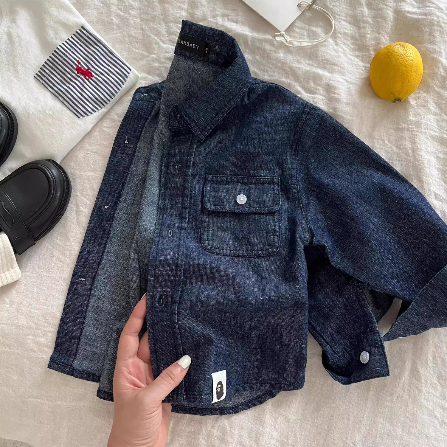 Children's Denim Shirt 2025 Spring New Boys and Girls Japanese Fashion Brand Lapel Shirt Baby Children's Long Sleeve Top