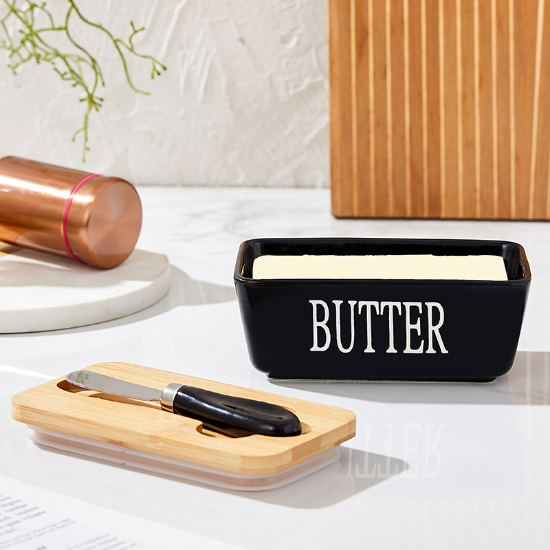 Creative Black Ceramic Butter Box with Knife Home Kitchen Sealed Storage Box Butter Packaging Storage Box Wholesale