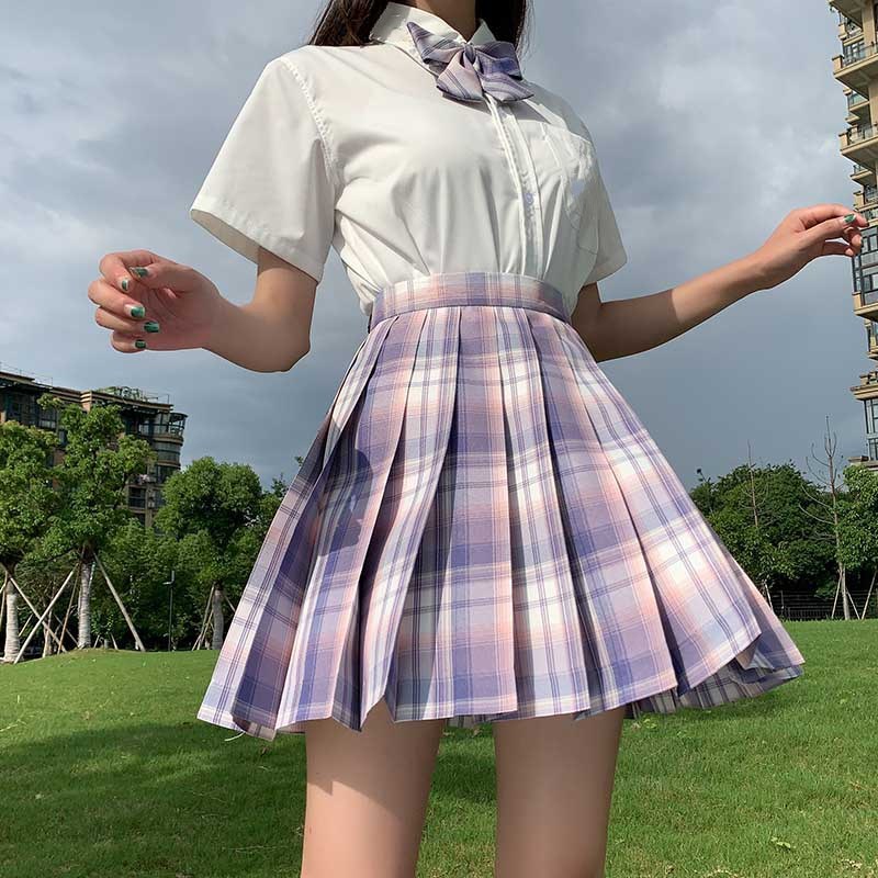 jk uniform skirt autumn basic full set of plaid skirt shirt short sleeve bow tie set full set of Japanese college style