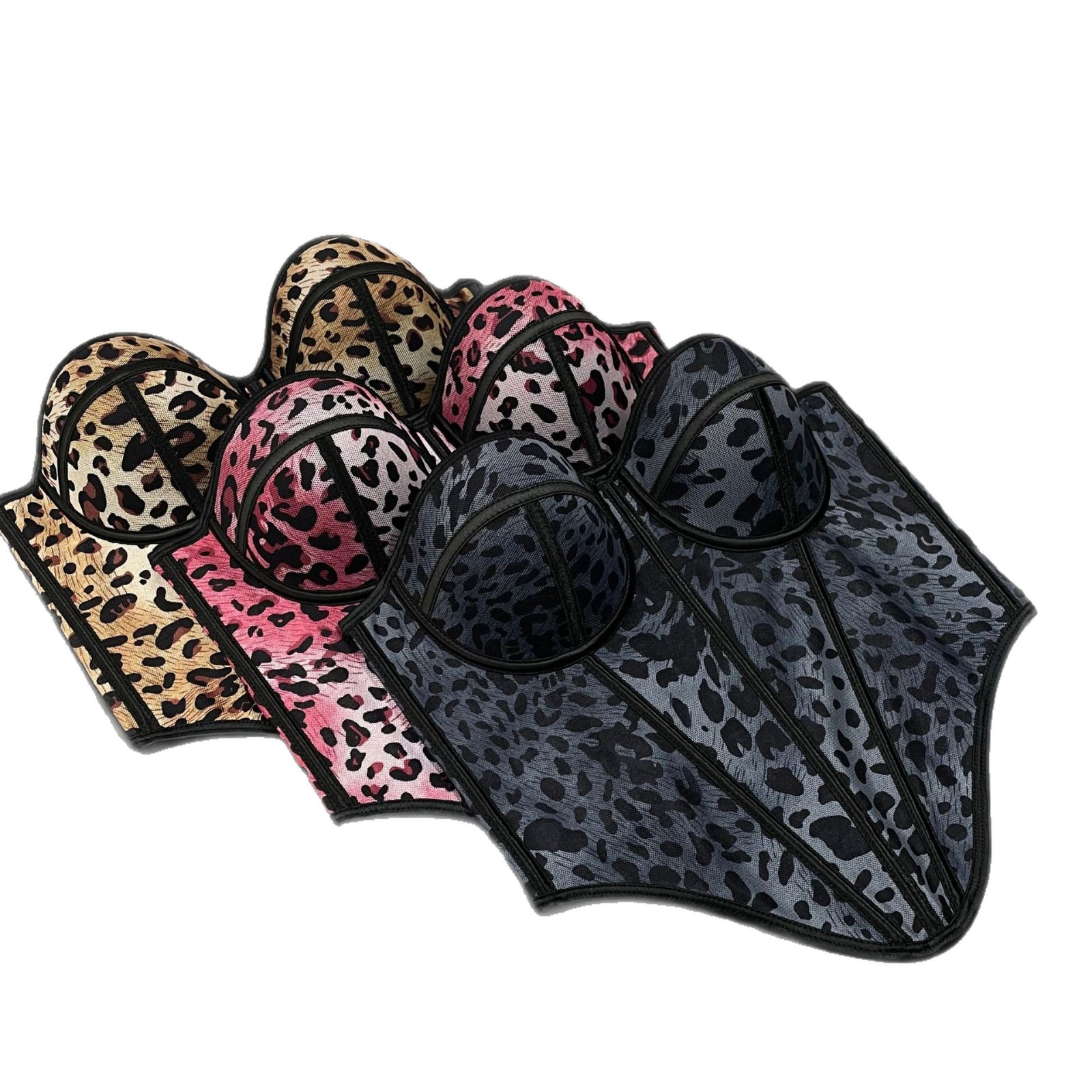 Cross-Border Leopard Print Mesh Fishbone Bra with Built-In Breast Pads and Buttons on the Back, Slimming and Sexy Sexy Bra Camisole