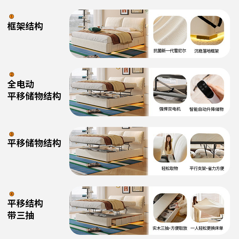 Ji with Removable and Washable Elephant Ear Bed Cream Style Large Capacity High Box Storage Sliding Storage Fabric Bed