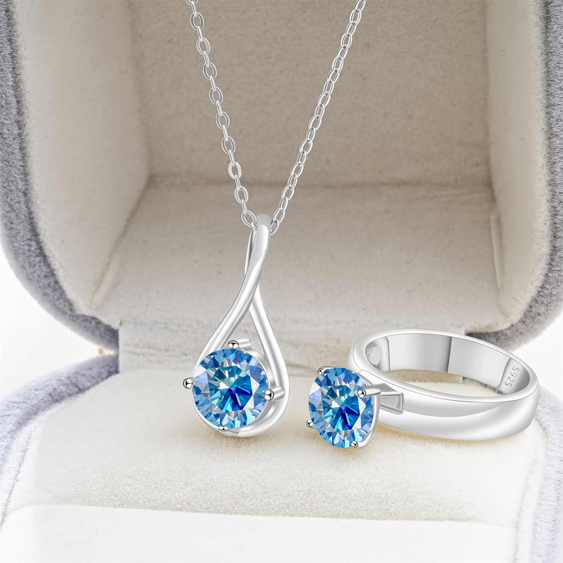 Cross-Border Exclusive S925 Silver Moissanite Necklace + Ring with Certificate, Sparkling Fire-Colored Diamond, Cross-Border Hot Sale