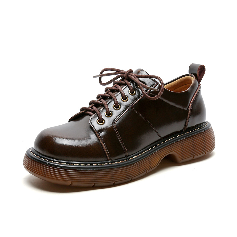 2023 New British Genuine Leather Brown Shoes Women's College-style Retro Dress Lace-up Shoes