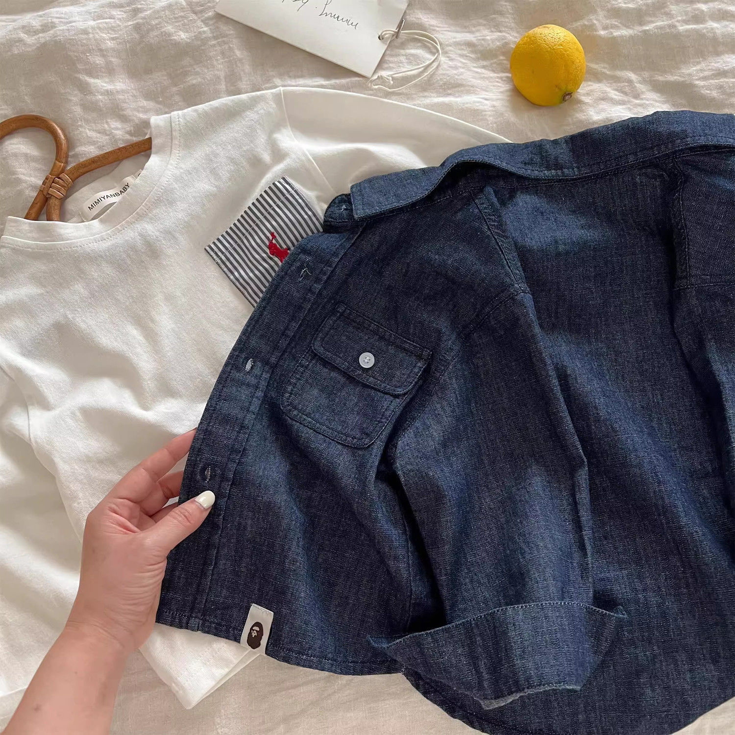 Children's Denim Shirt 2025 Spring New Boys and Girls Japanese Fashion Brand Lapel Shirt Baby Children's Long Sleeve Top