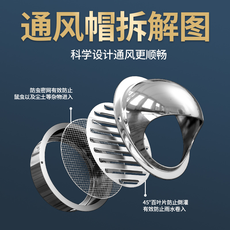Stainless steel hood exterior wall outer air vent vent cap rainproof vent range hood windshield fresh air system accessories