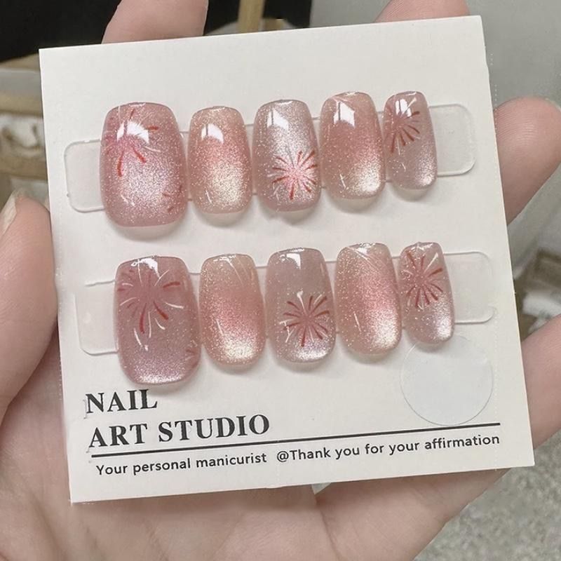 Short Style Fireworks Wearable Nails Cat Eye Soft Nails Niche Wearable Manicure Nail Stickers Cat Eye Ins Fireworks
