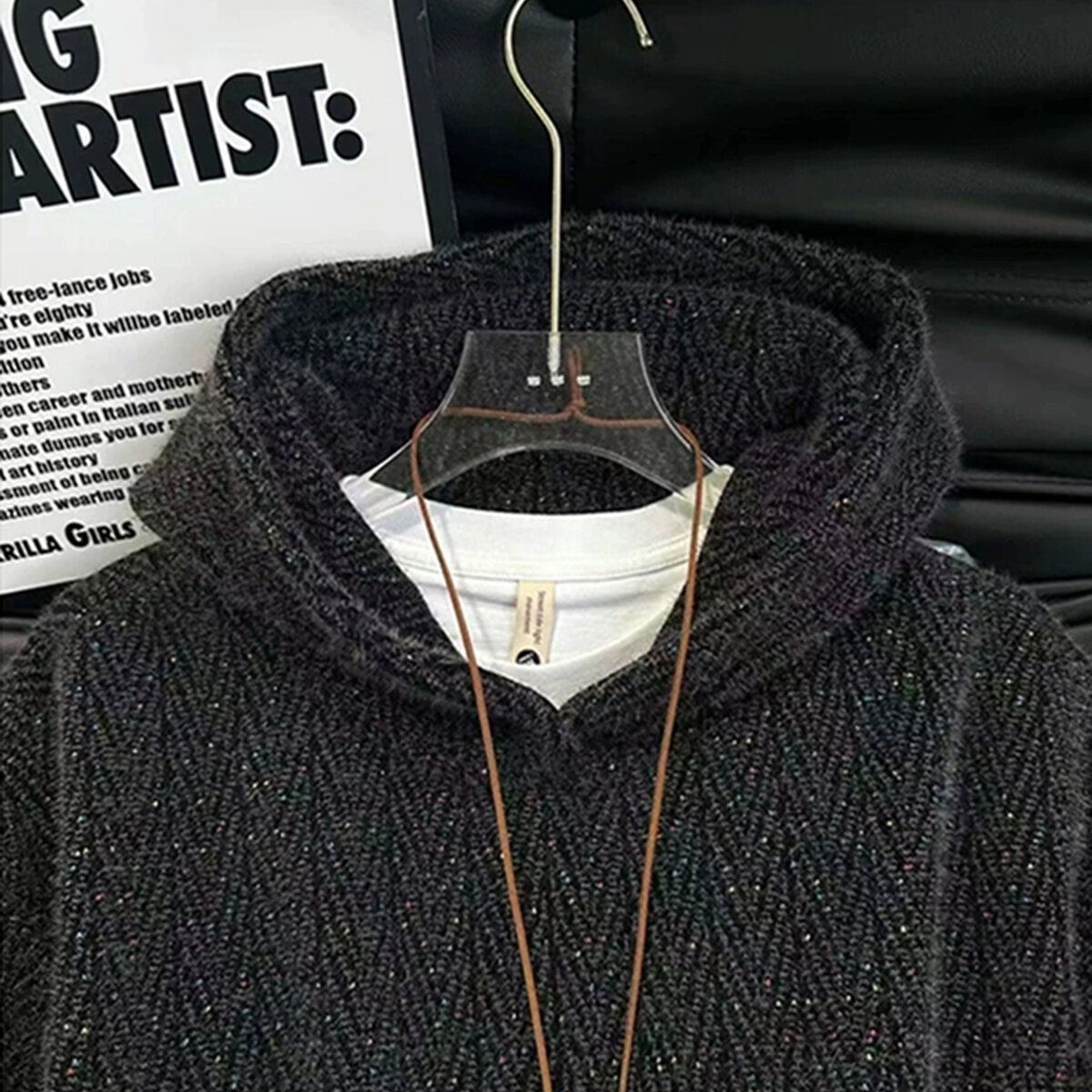 Black Starry Sky Knit Hoodie for Men, Autumn and Winter Trendy American Retro Heavy Hoodie, Chanel-Style Jacket