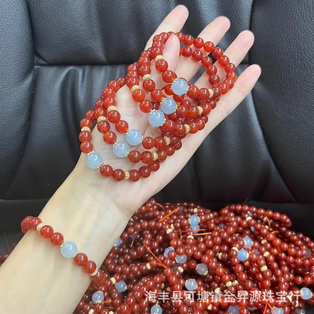 Natural Red Agate Bracelet Southern Red Bracelet with Aquamarus Female Niche Summer Fashion Birthday Gift Same Style
