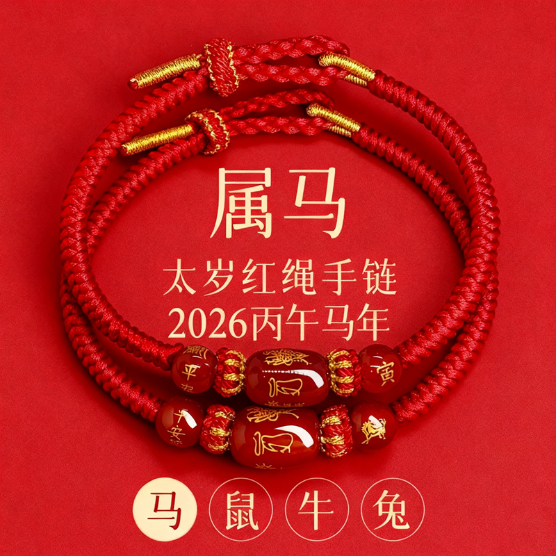 Браслет из красной веревки на 2026 год Лошади, удача с агатом, мужская модель, ручная работа с горы Путуо