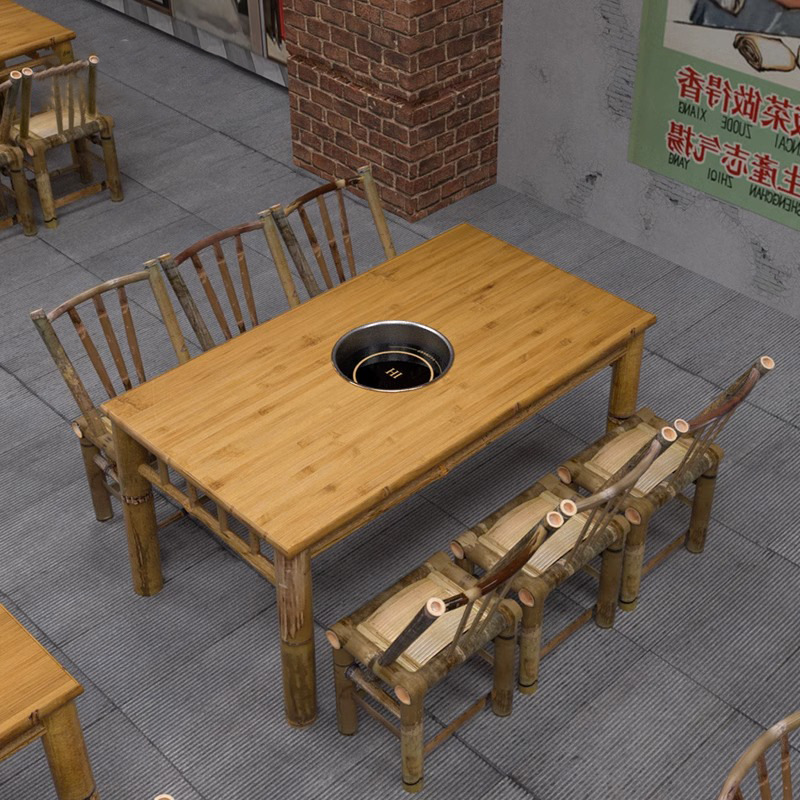 Bamboo Hot Pot Table and Chair Set for Restaurant, Eight Immortals Table, Square Table, Hot Pot Restaurant Commercial Dining Table and Chairs, Tea Brewing Table Around the Stove