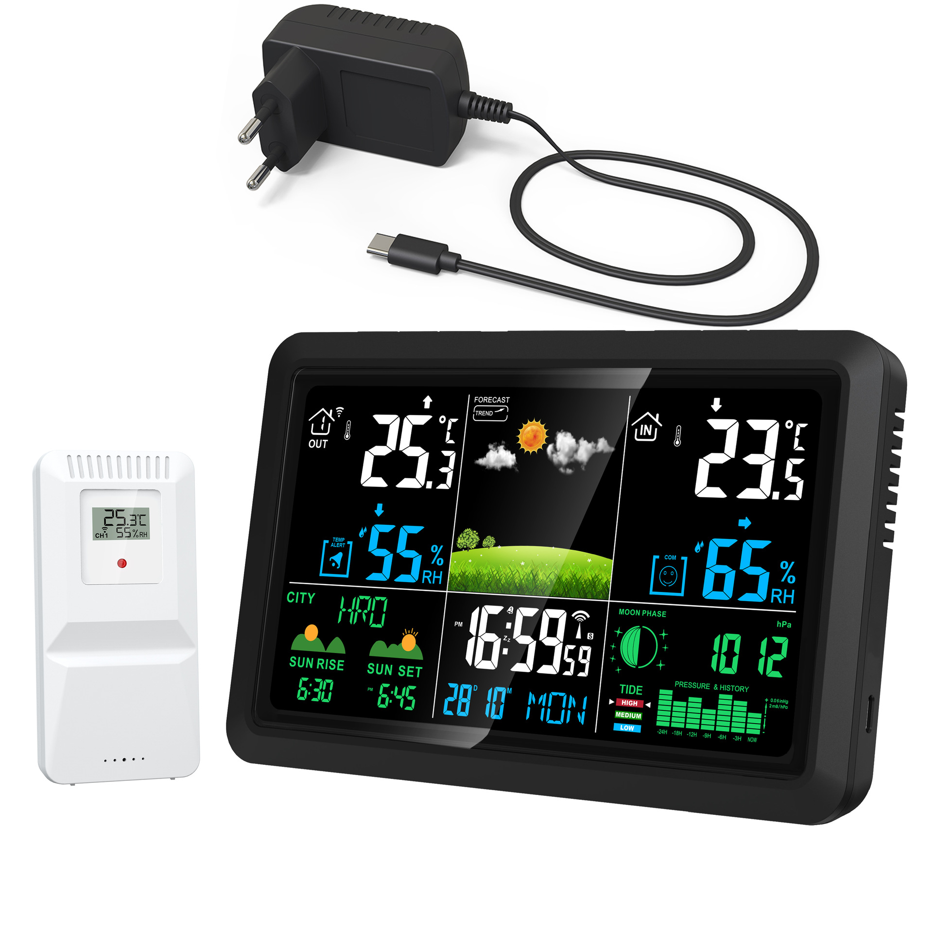 Cross-Border New Large-Screen Indoor and Outdoor Temperature and Humidity Weather Forecast Clock Multi-Function Electronic Color Screen Weather Wall Clock Alarm Clock