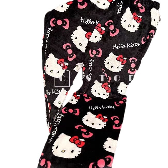 Foreign Trade Cartoon KT Cat Printed Pajama Pants Thick Women's Coral Fleece Autumn and Winter Home Casual Flannel Pajama Pants Outer Wear